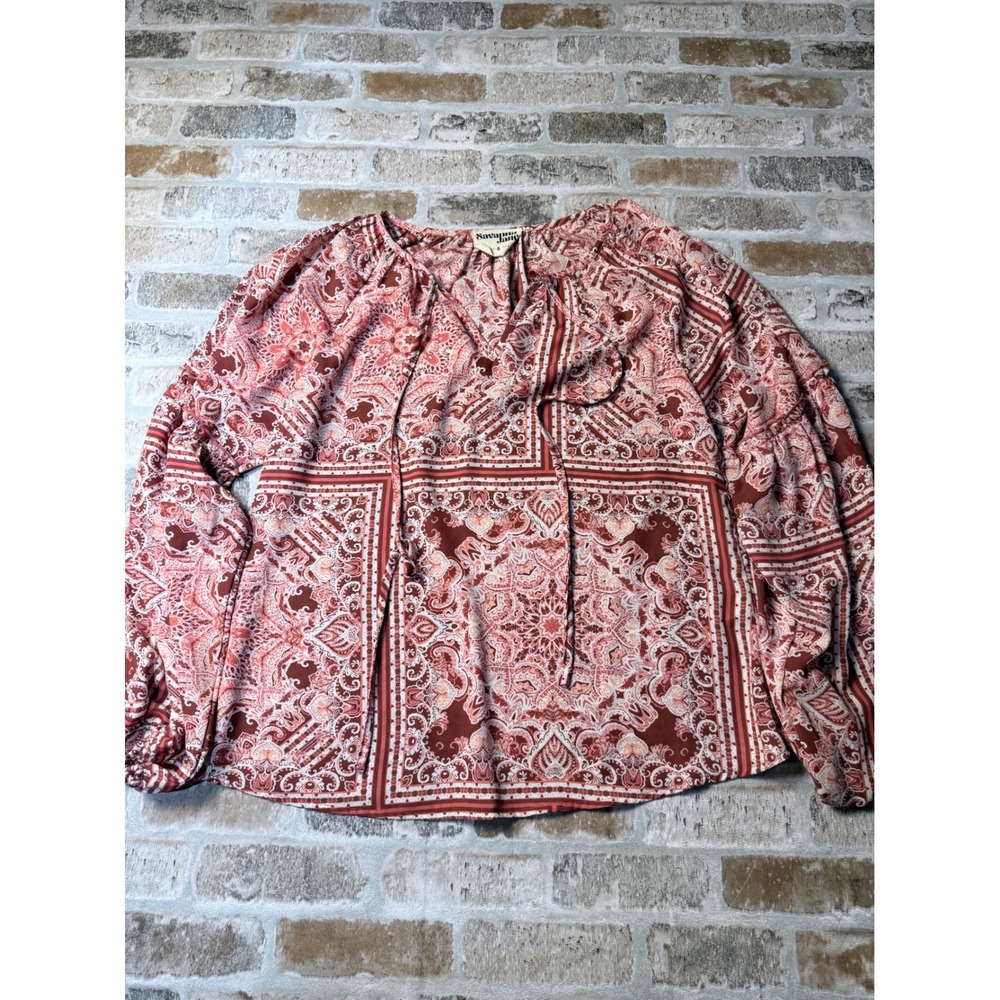 Savanna Jane Rust Pink Bandana Paisley Print Peasant Blouse Small Boho Tassel Ti